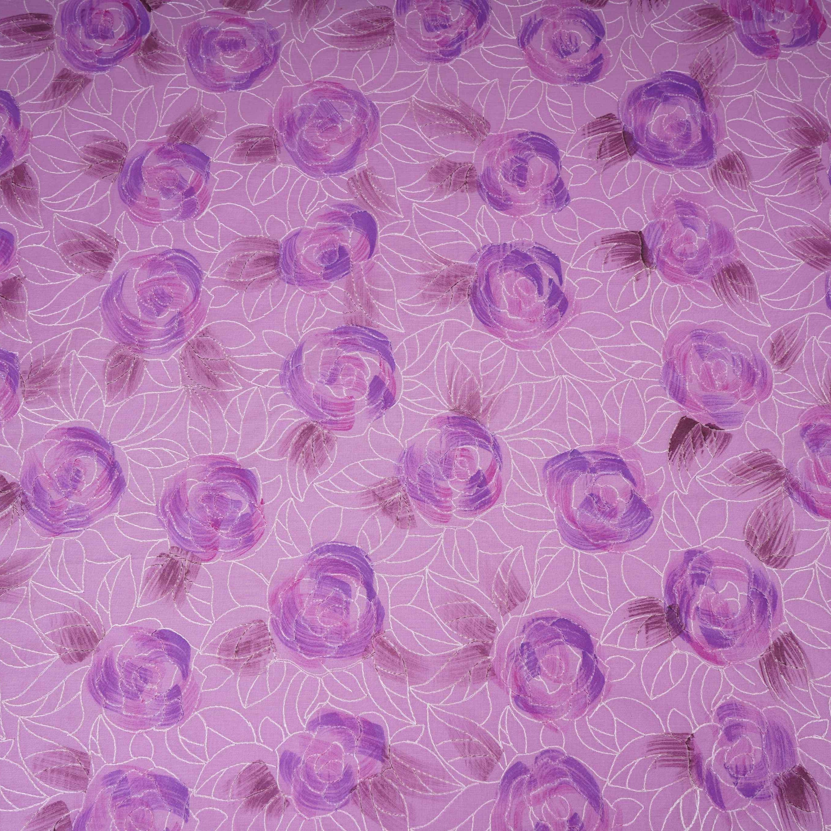 Lavender Floral Thread Embroidery Chanderi Fabric UMS-32291 - TradeUNO
