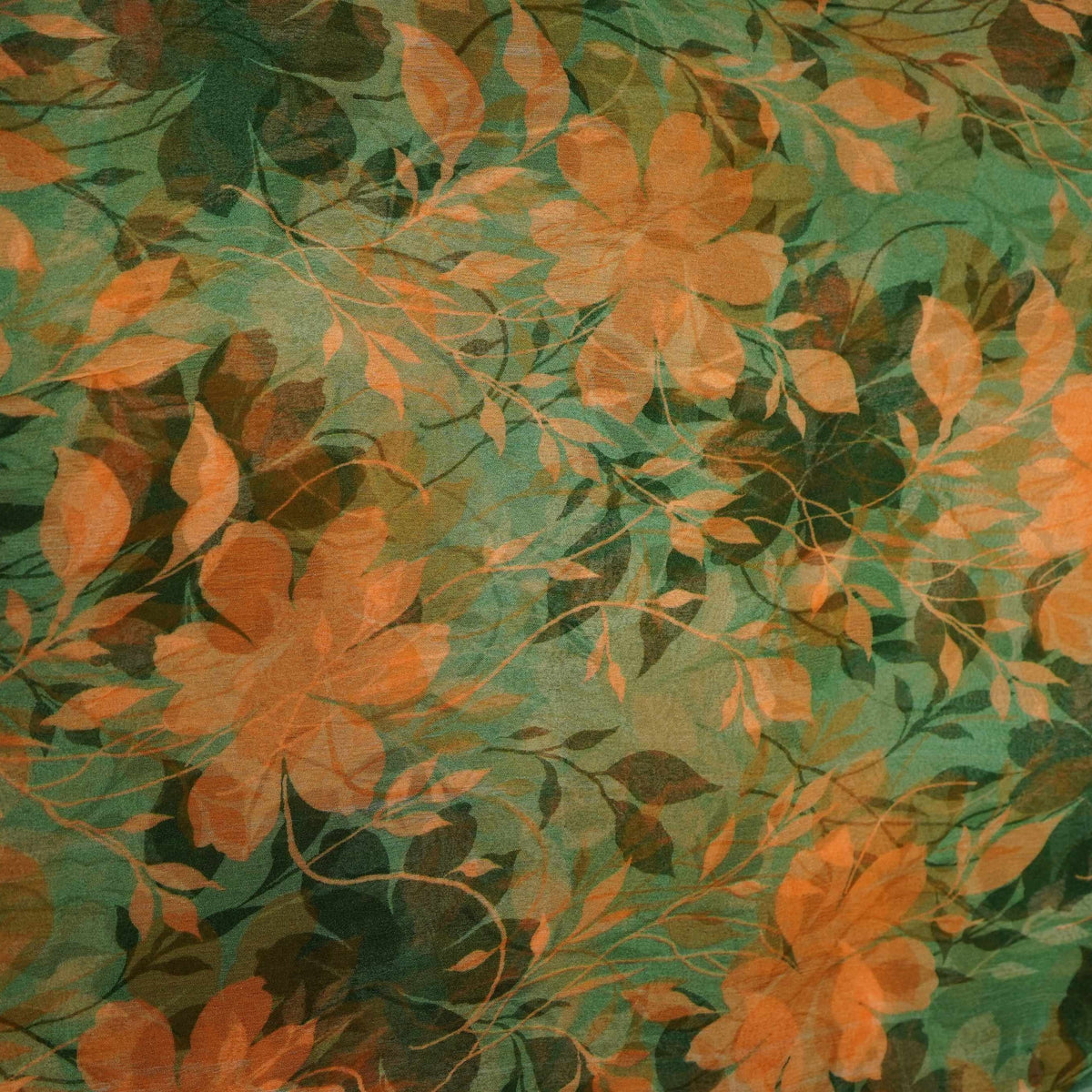 Orange with Green Floral Print Chiffon Fabric MT-35195