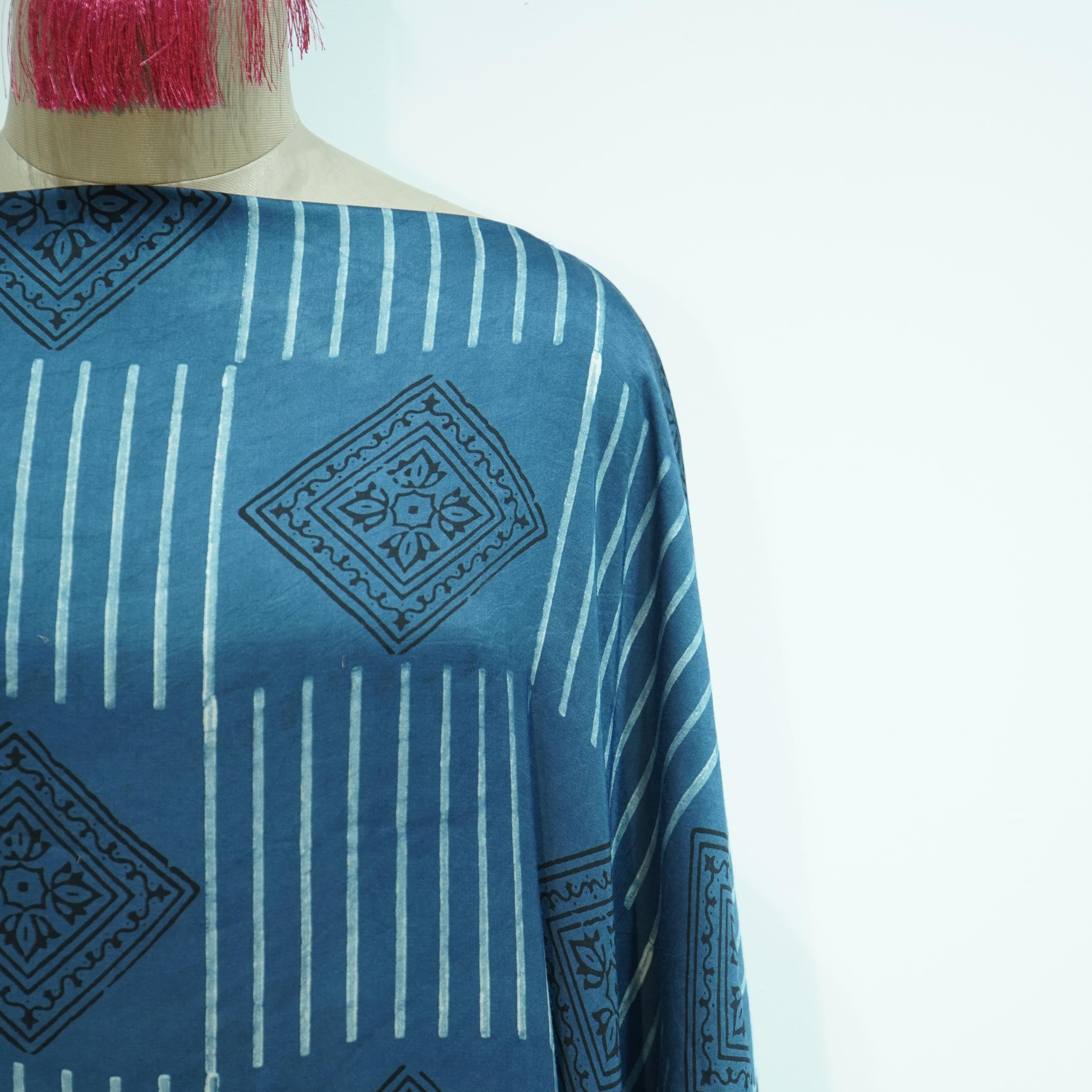 Teal Blue with Black Ajrakh print Modal Silk Kaftan EEG-31614