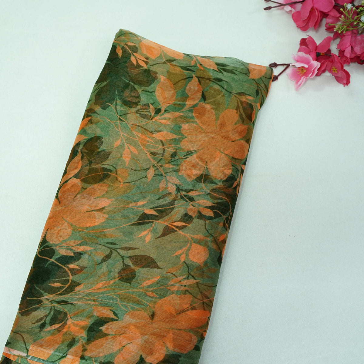 Orange with Green Floral Print Chiffon Fabric MT-35195