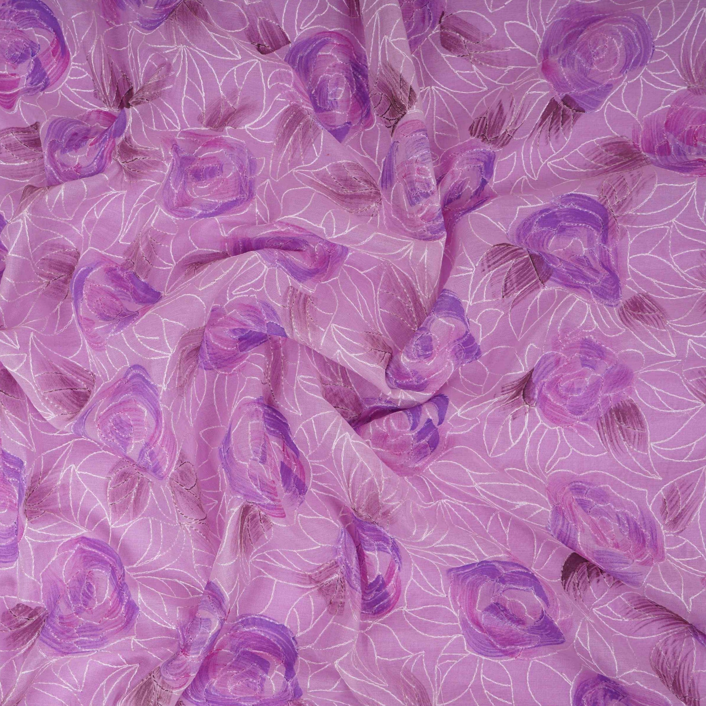 Lavender Floral Thread Embroidery Chanderi Fabric UMS-32291 - TradeUNO