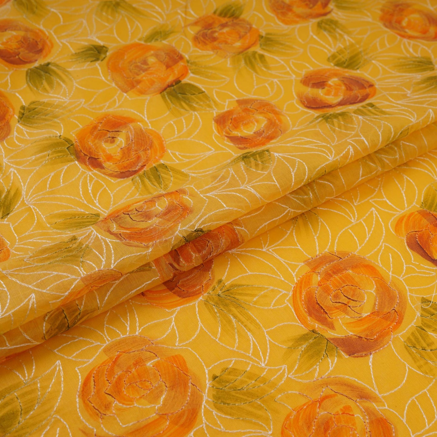 Yellow Floral Thread Embroidery Chanderi Fabric UMS-32290