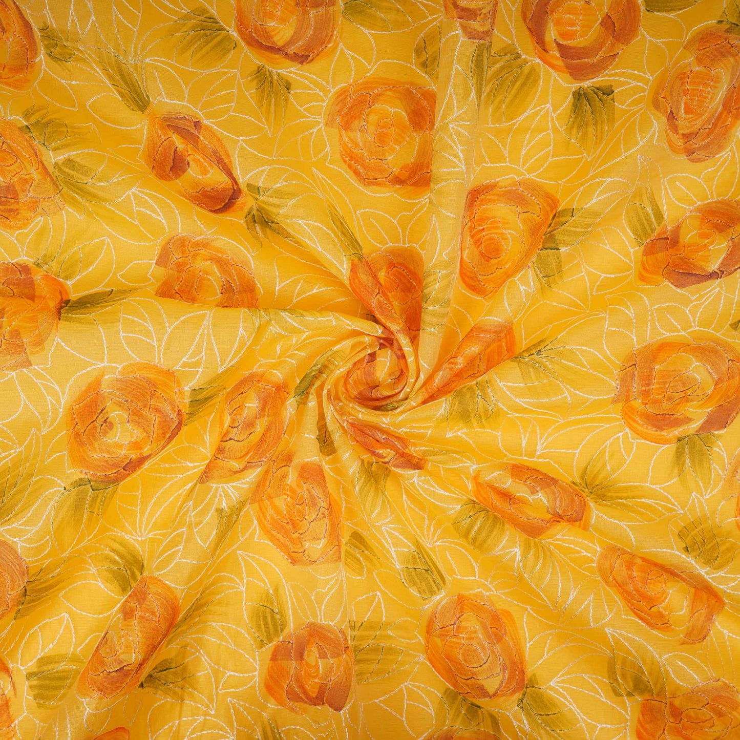 Yellow Floral Thread Embroidery Chanderi Fabric UMS-32290