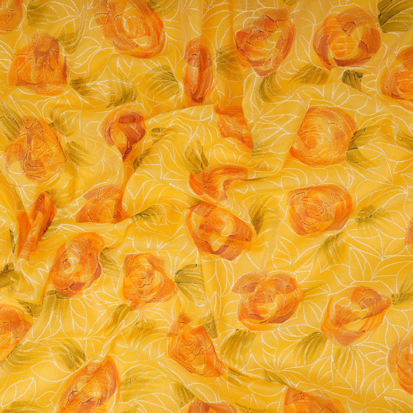 Yellow Floral Thread Embroidery Chanderi Fabric UMS-32290