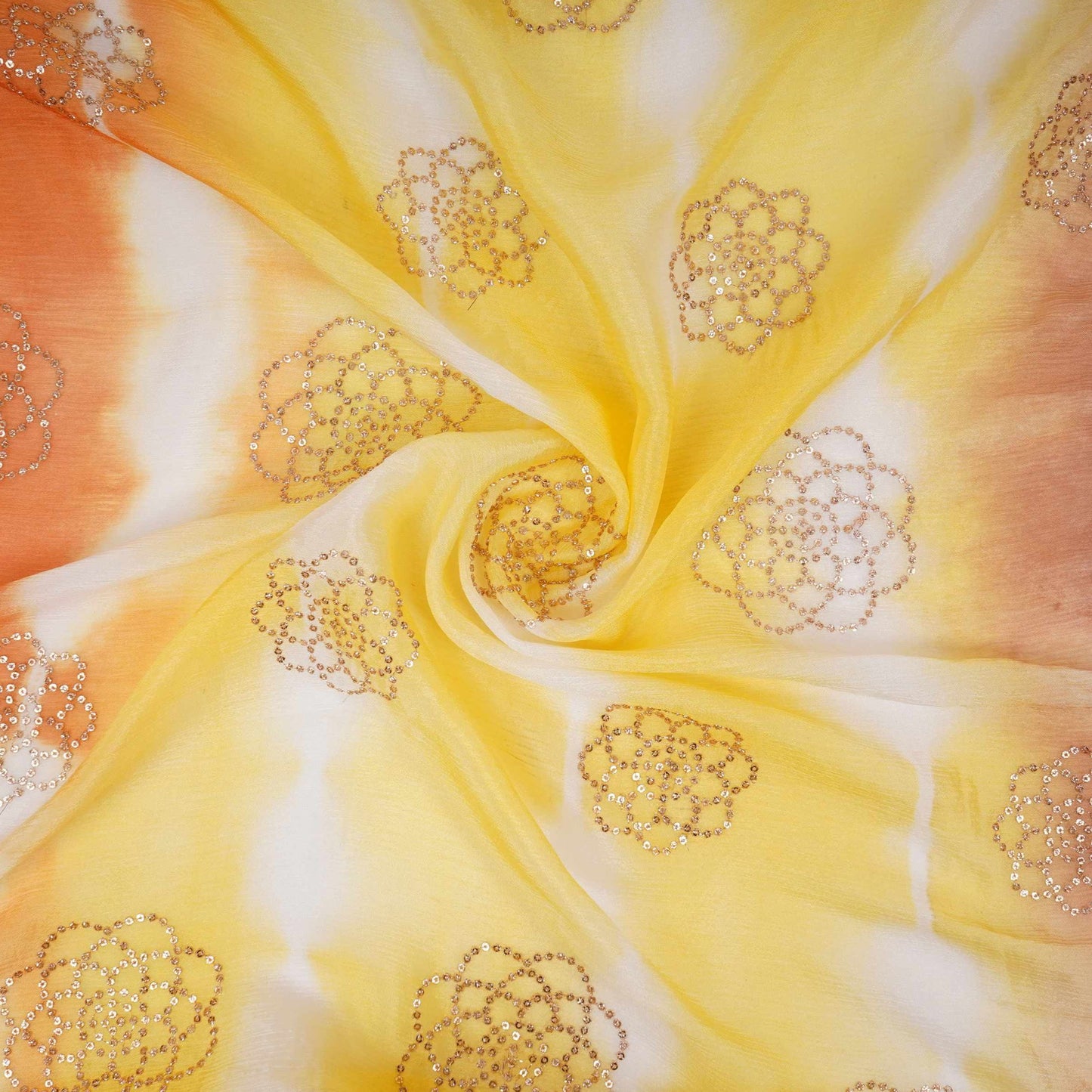 Brown with Mustard Sequins embroidery Shibori Chinon Fabric VF-32277