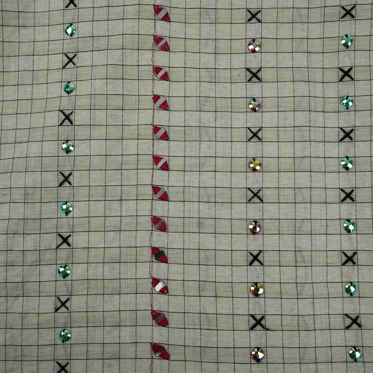 Off White & Pink Check With Mirror Sequins Embroidery Cotton KC-13566 – image 2 of 4