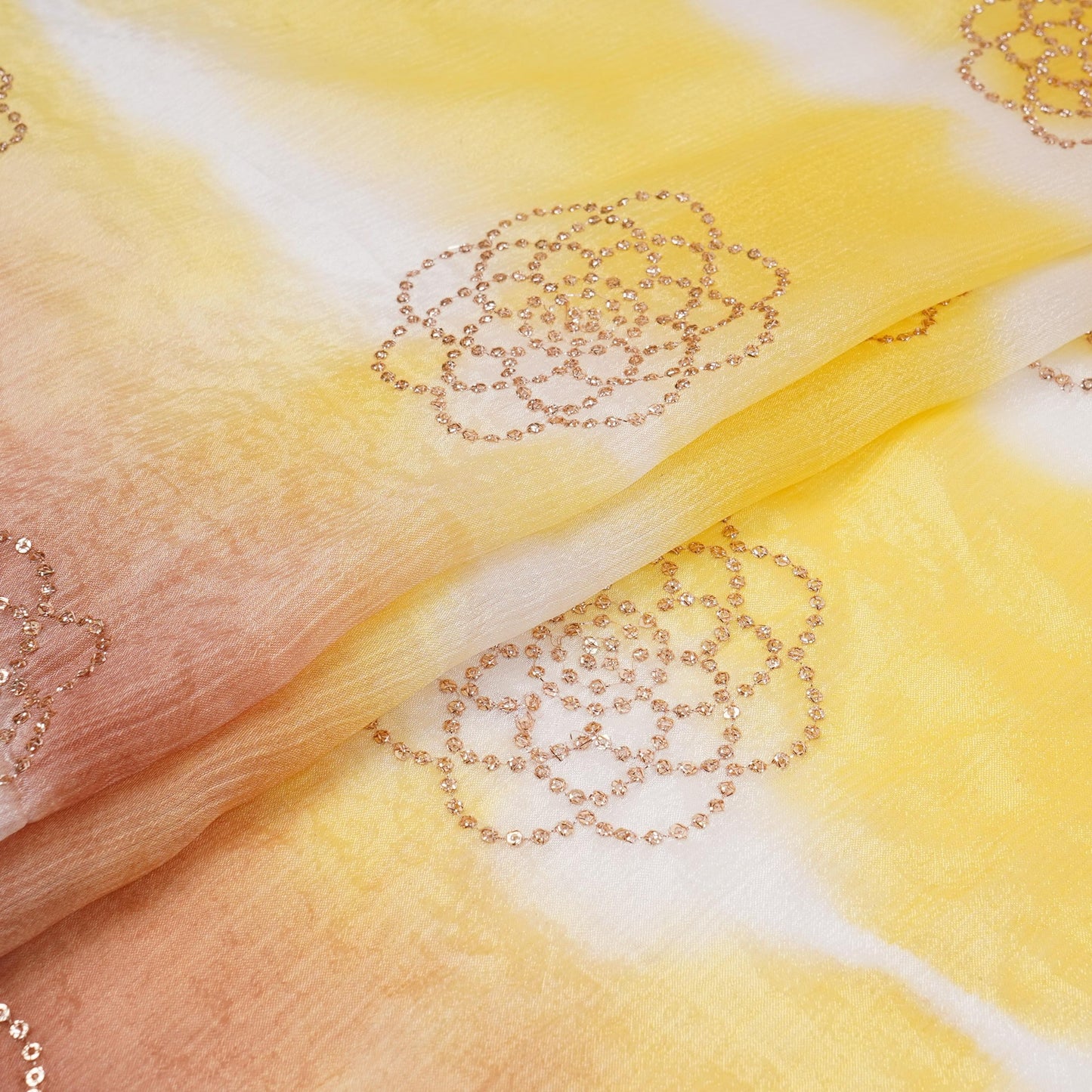 Brown with Mustard Sequins embroidery Shibori Chinon Fabric VF-32277