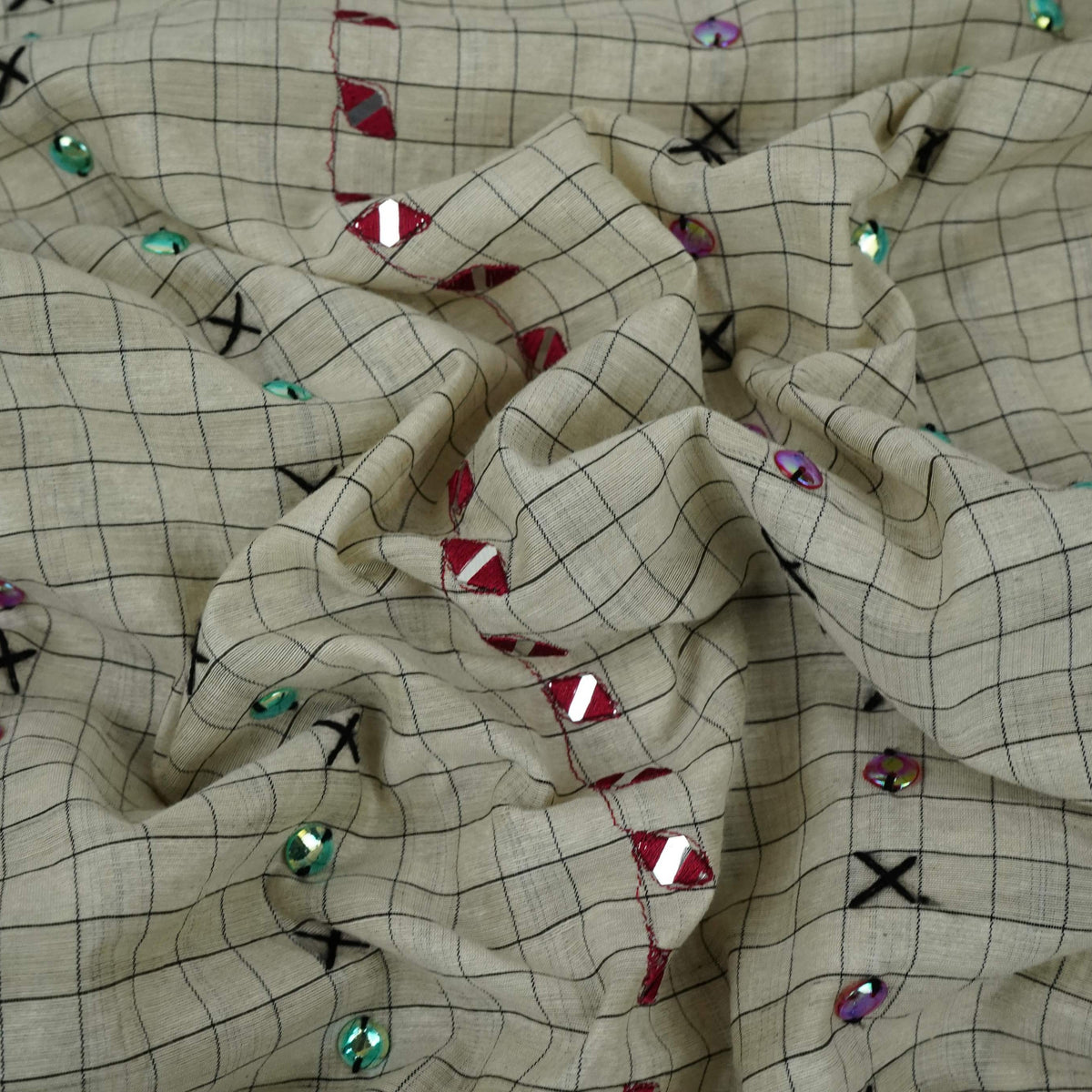 Off White & Pink Check With Mirror Sequins Embroidery Cotton KC-13566 – image 3 of 4