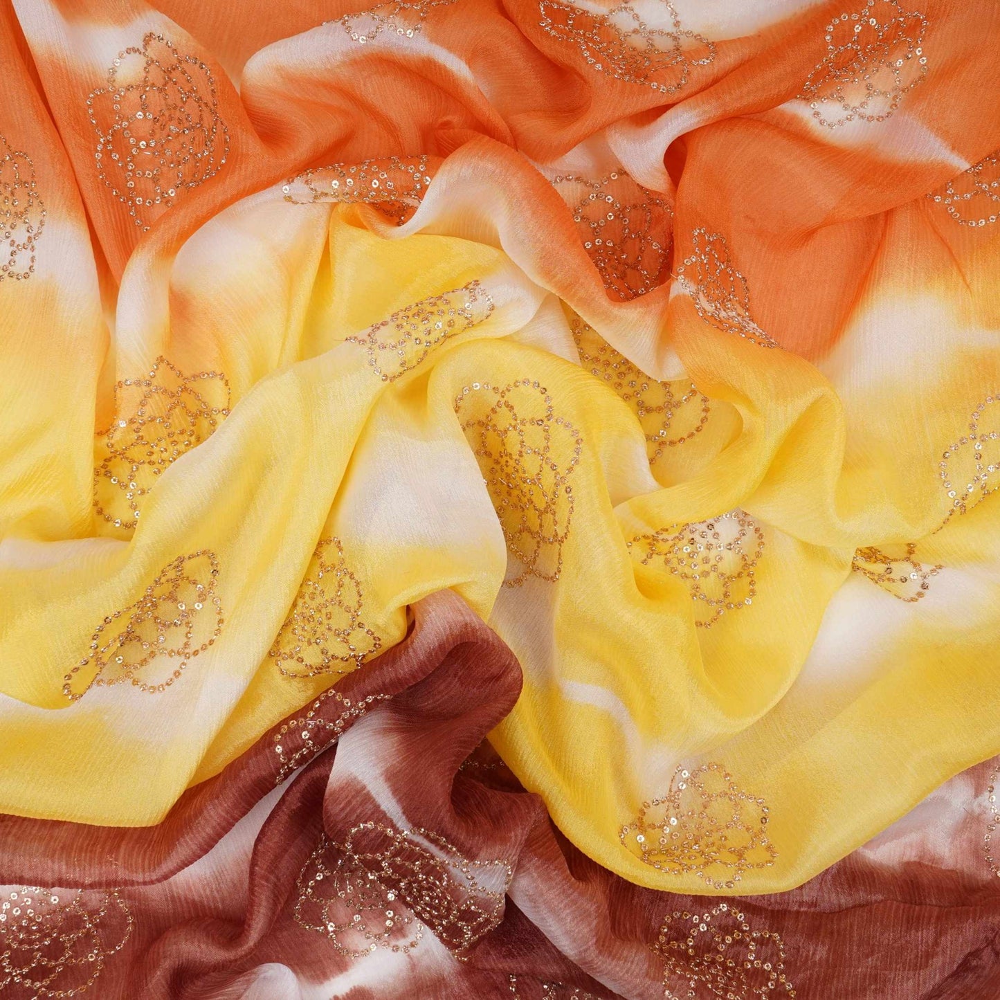 Brown with Mustard Sequins embroidery Shibori Chinon Fabric VF-32277