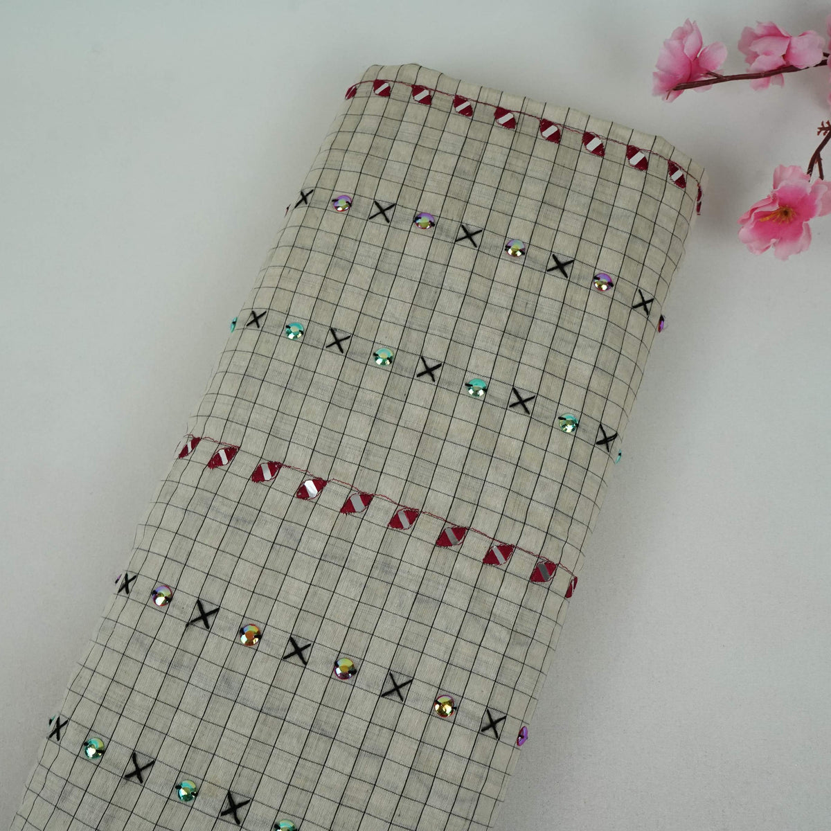 Off White & Pink Check With Mirror Sequins Embroidery Cotton KC-13566
