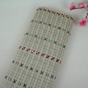 Off White & Pink Check With Mirror Sequins Embroidery Cotton KC-13566
