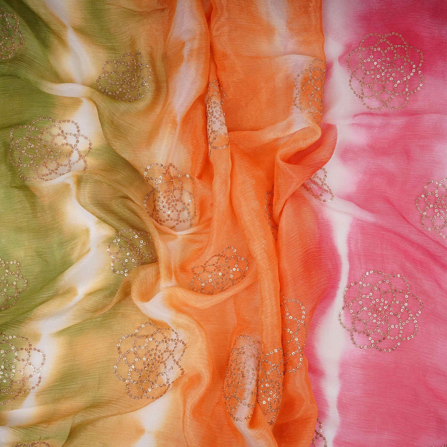 Olive Green with Peach Sequins embroidery Shibori Malai Chanderi Fabric VF-32275