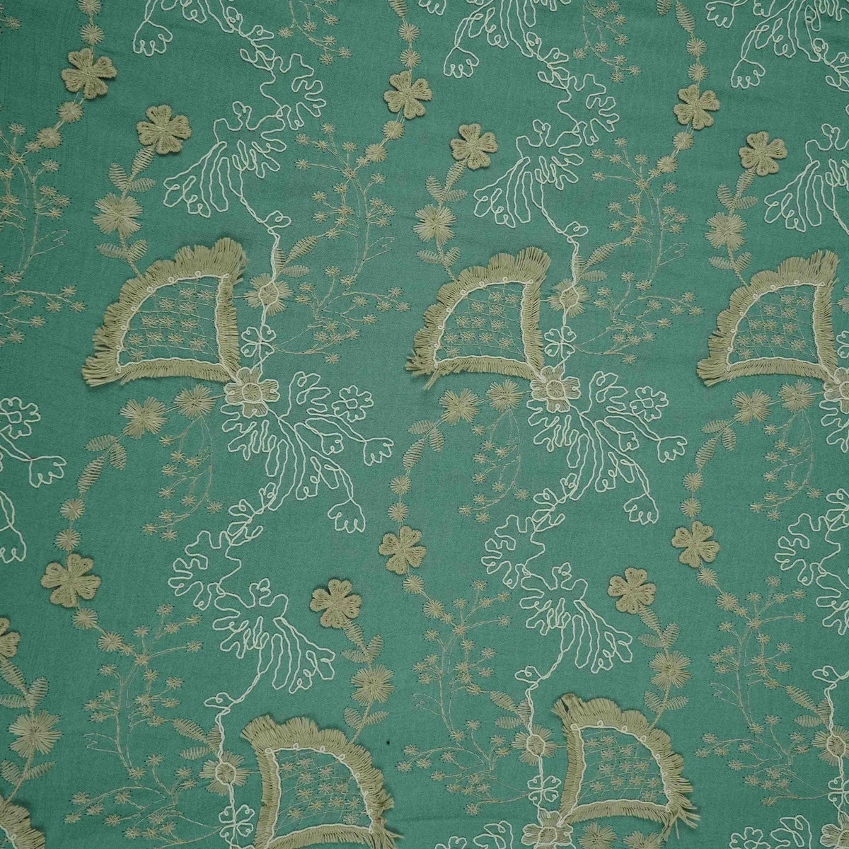 Teal Green 3D Embroidery Moss Crepe Fabric CF-30484