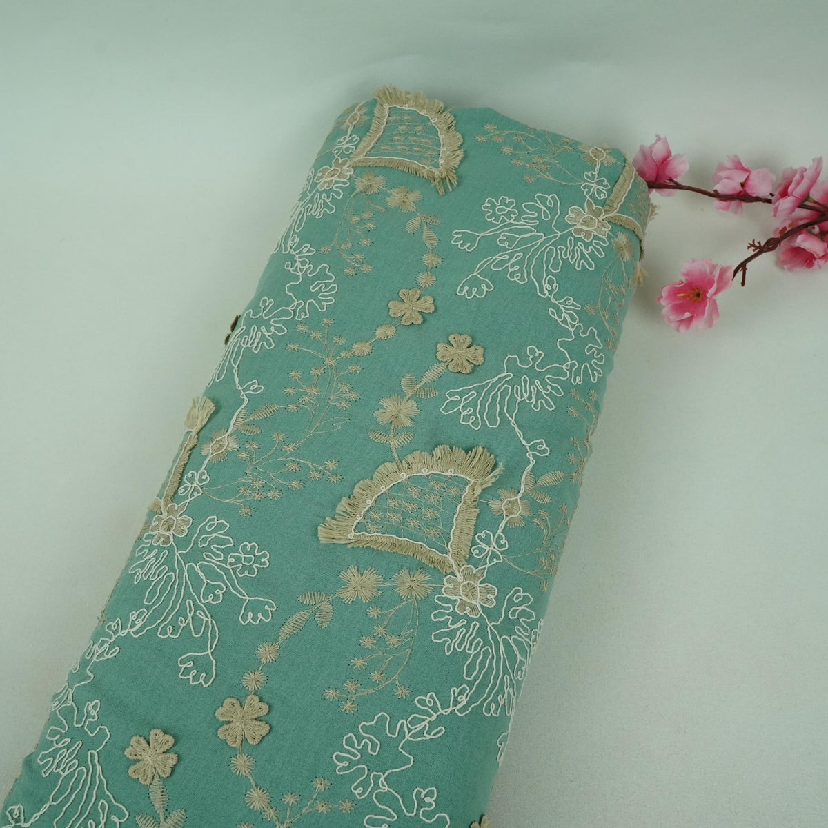 Teal Green 3D Embroidery Moss Crepe Fabric CF-30484