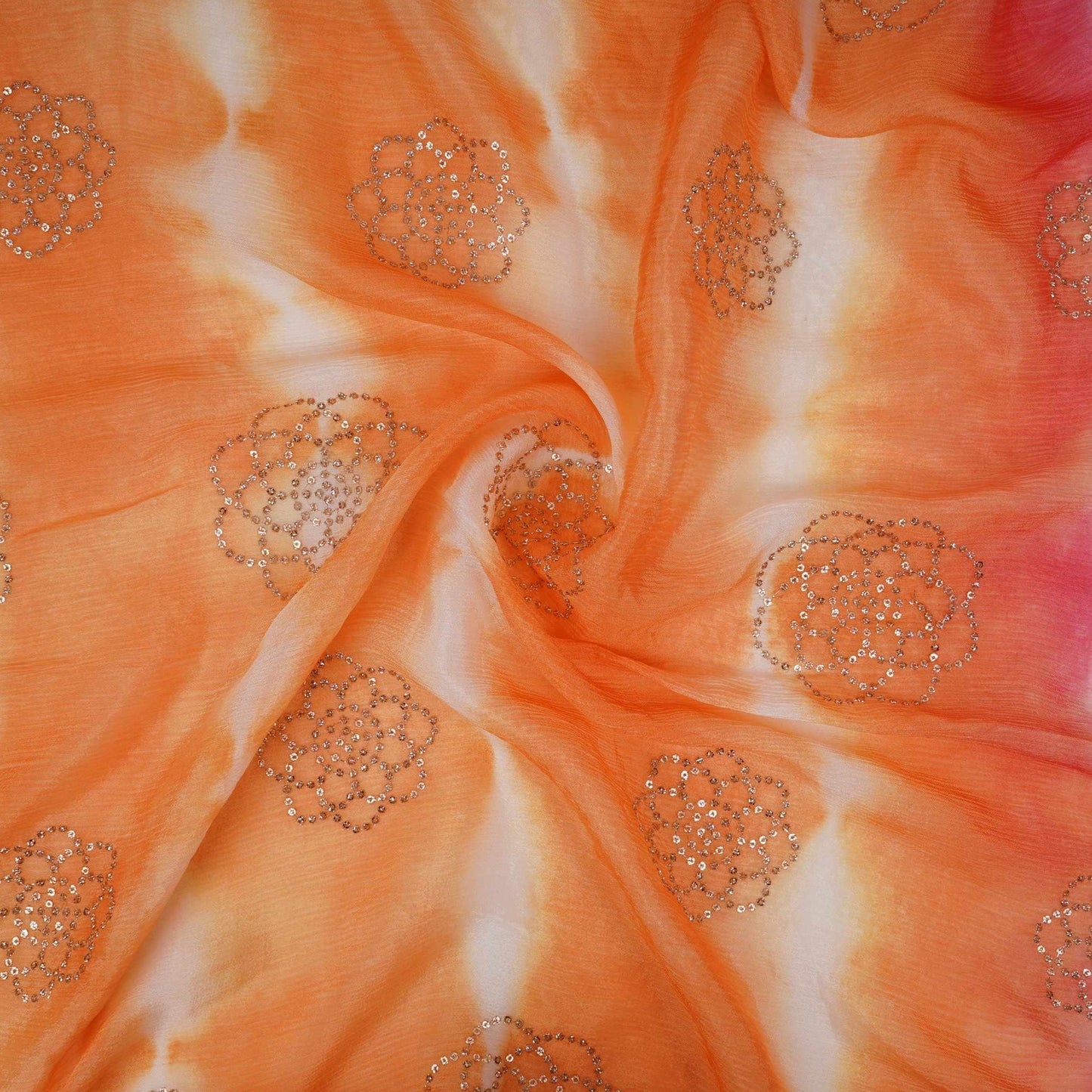 Olive Green with Peach Sequins embroidery Shibori Malai Chanderi Fabric VF-32275