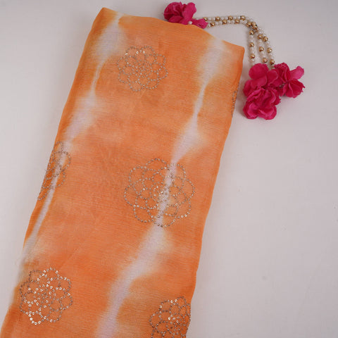 Olive Green with Peach Sequins embroidery Shibori Malai Chanderi Fabric VF-32275