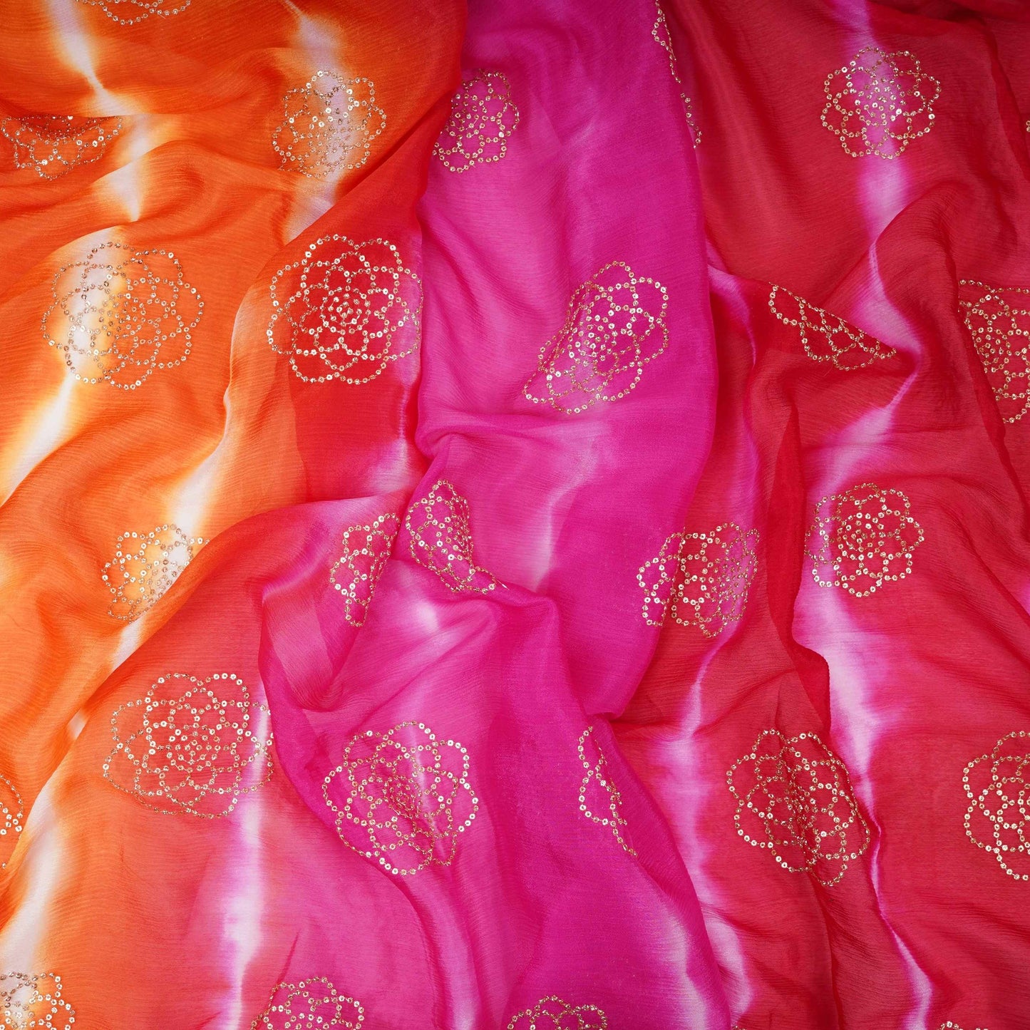 Magenta Pink Sequins embroidery Shibori Chinon Fabric VF-32276