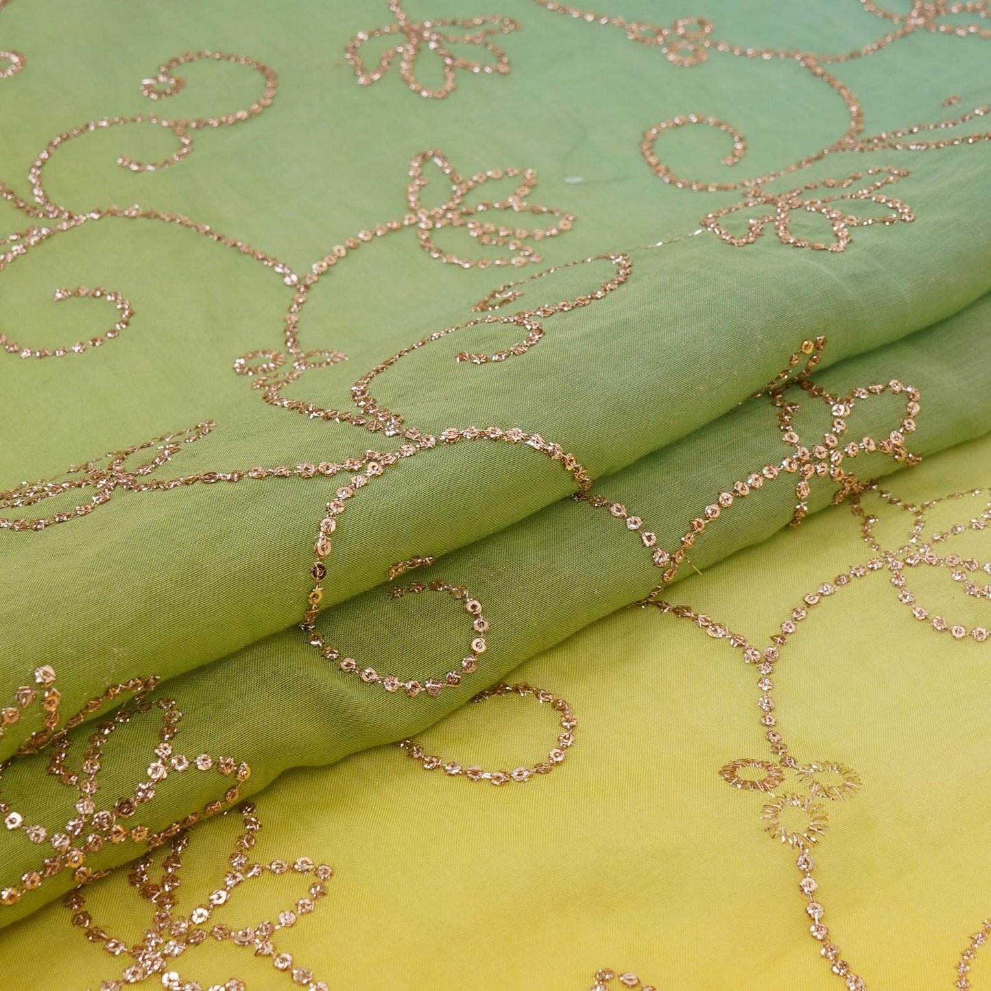 Yellow with Grey 4D Sequins embroidery Malai Chanderi Fabric VF-32235