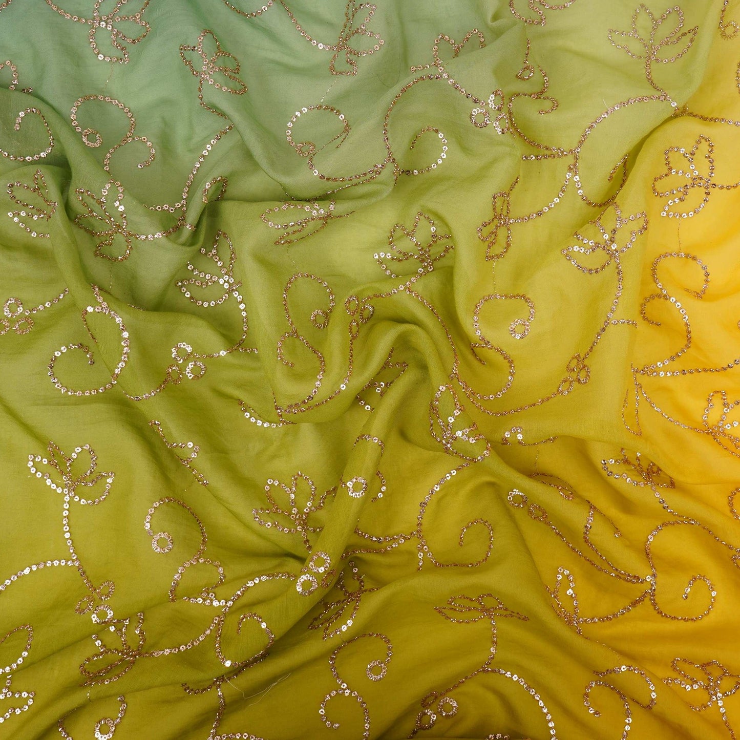 Yellow with Grey 4D Sequins embroidery Malai Chanderi Fabric VF-32235