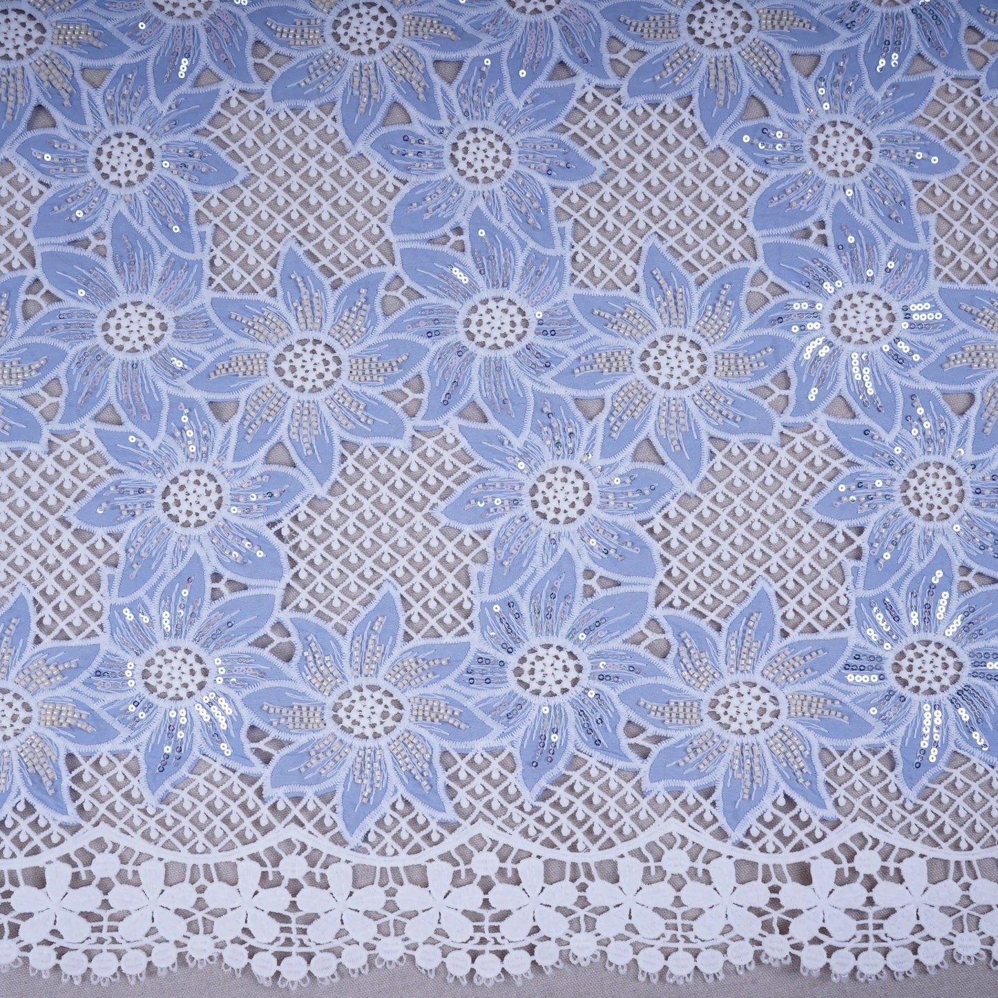 Sky Blue Cutdana Floral Schiffli Embroidery Crepe Fabric DVT-30569