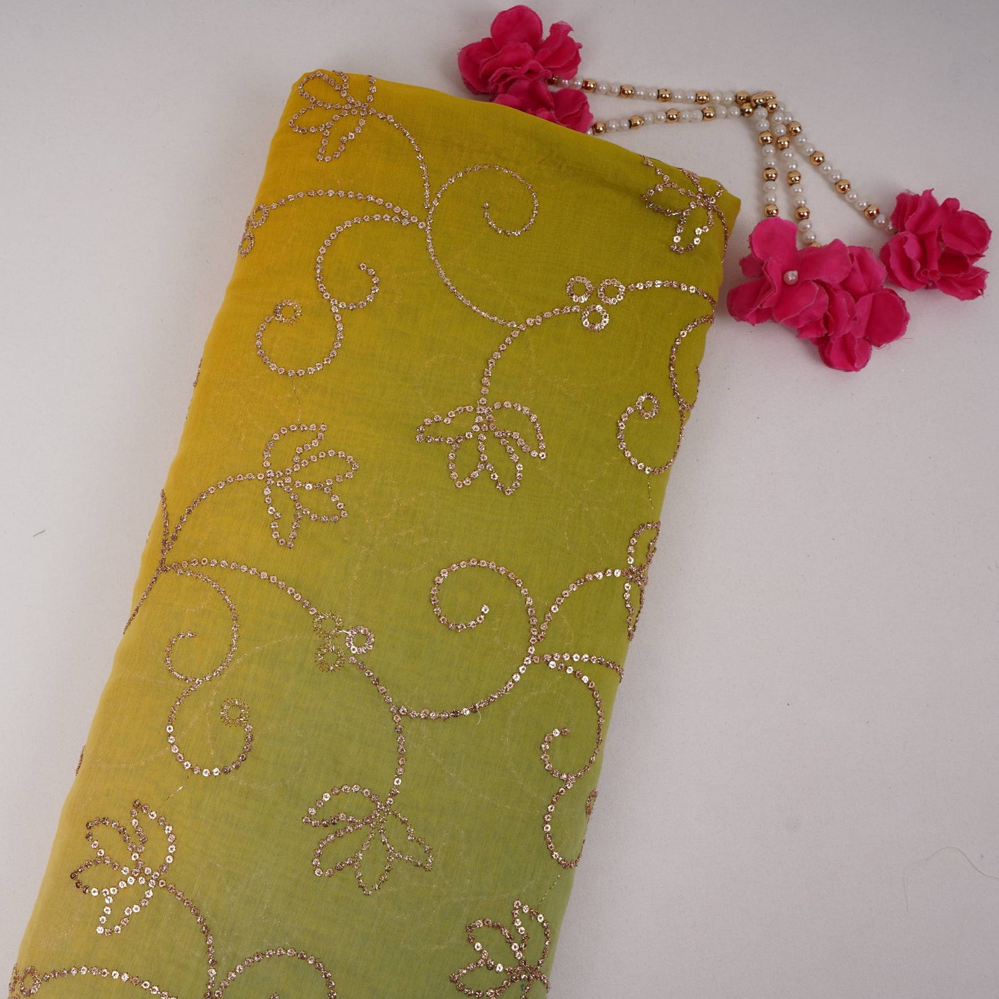 Yellow with Grey 4D Sequins embroidery Malai Chanderi Fabric VF-32235