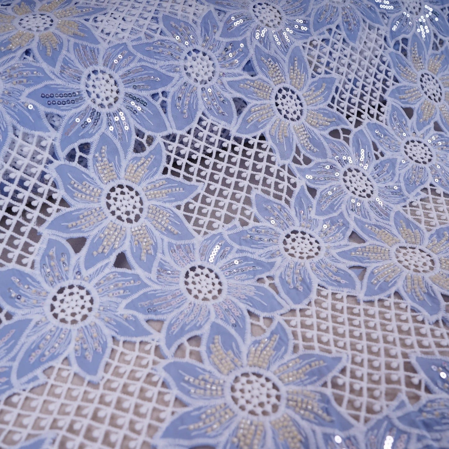 Sky Blue Cutdana Floral Schiffli Embroidery Crepe Fabric DVT-30569