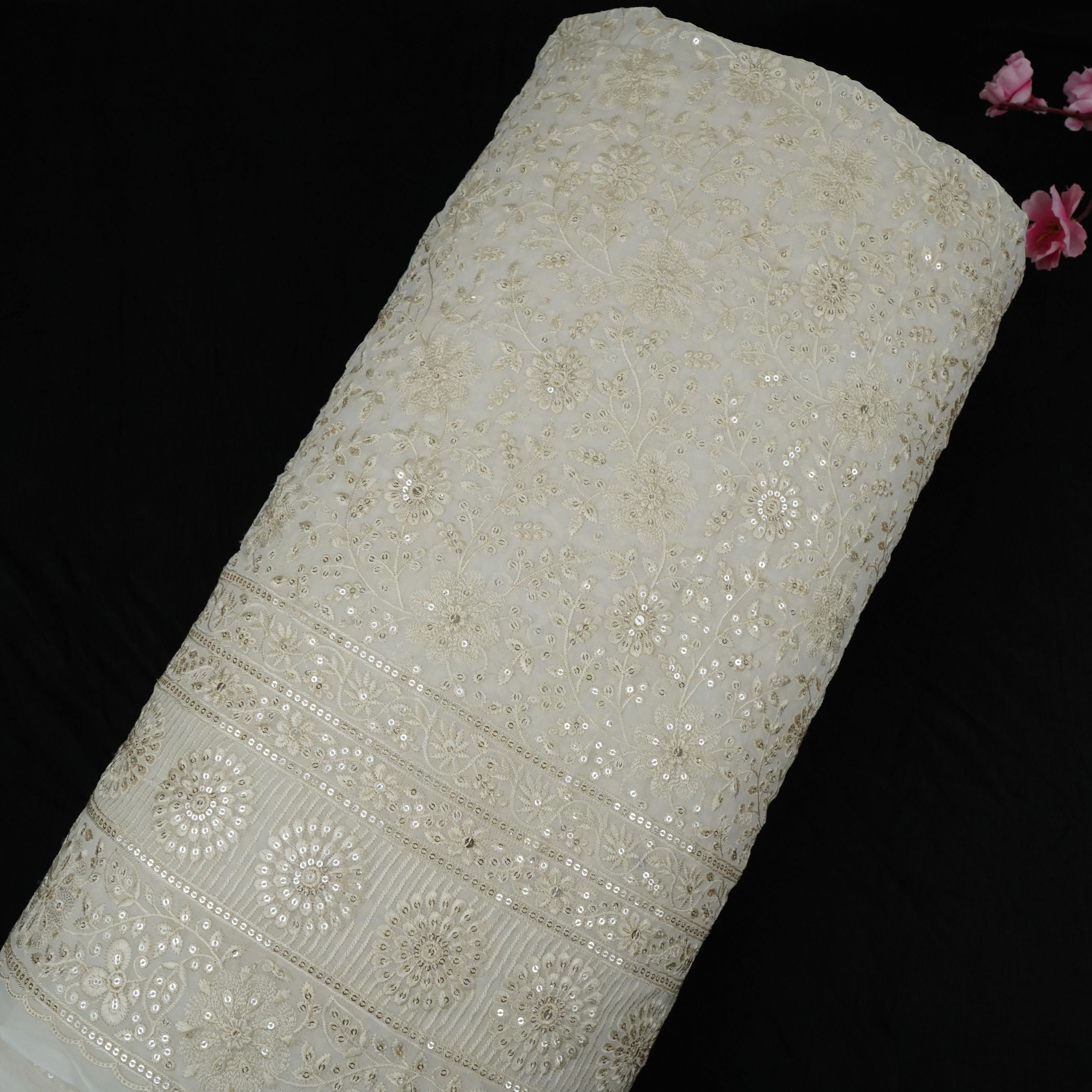 White Floral Thread Sequins Embroidery Dyeable Georgette Fabric TF-33521