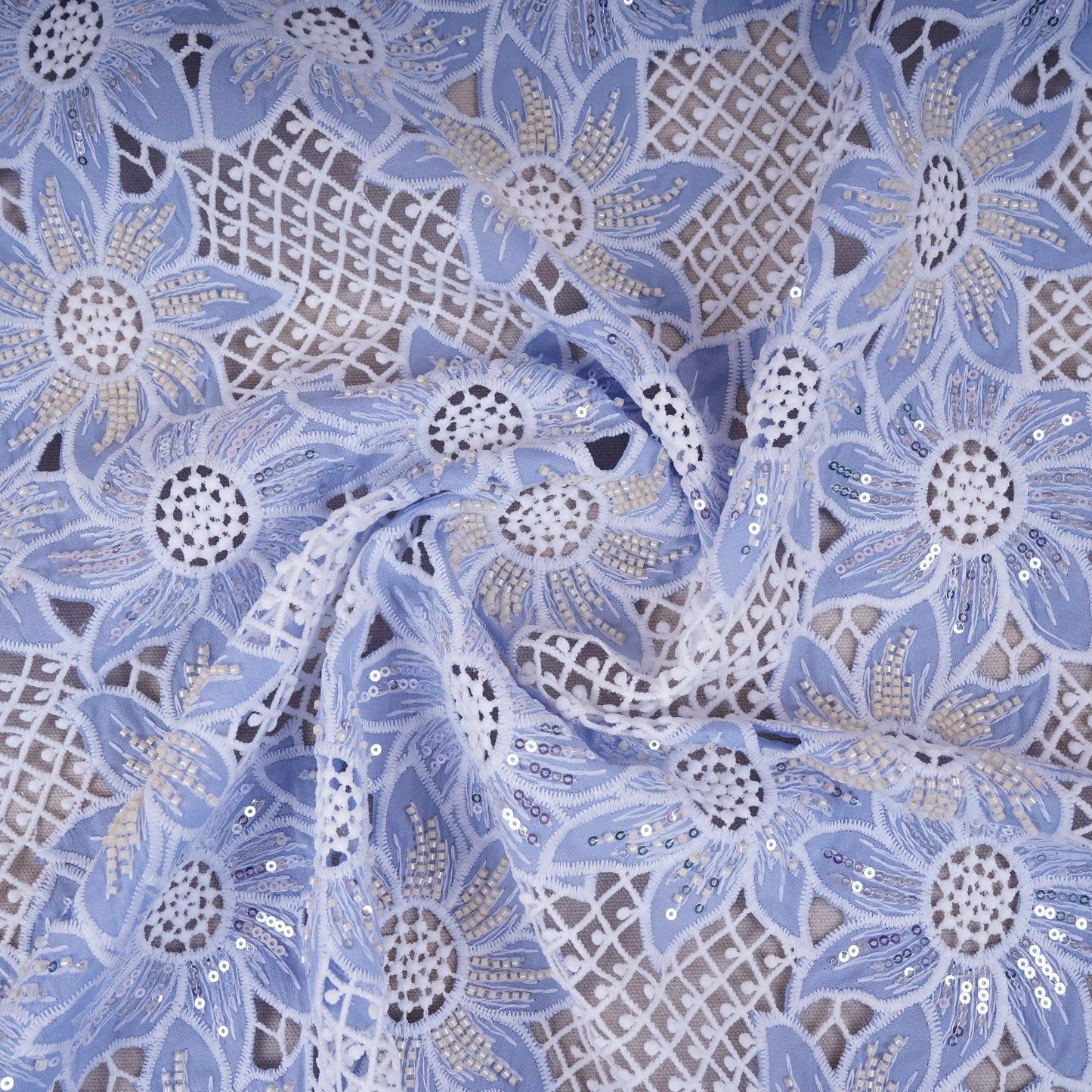 Sky Blue Cutdana Floral Schiffli Embroidery Crepe Fabric DVT-30569