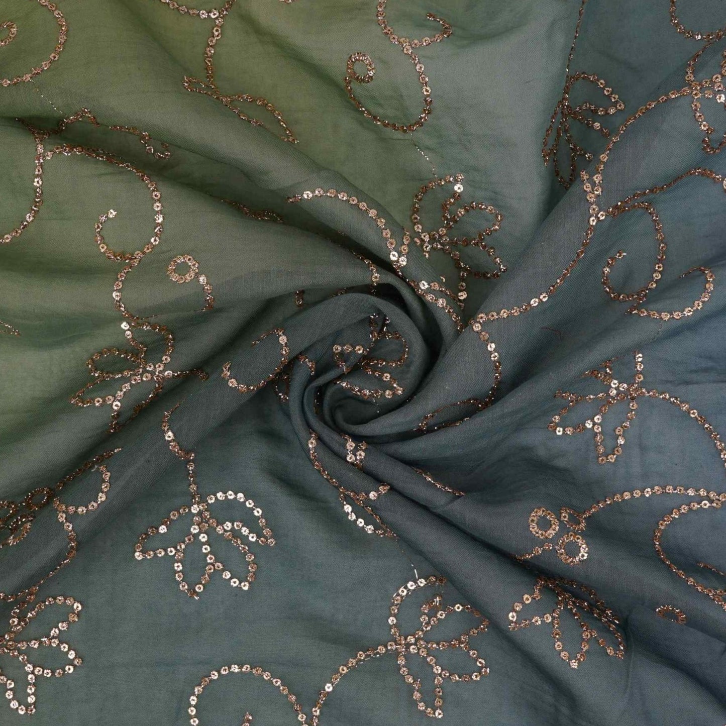 Blue with Green 4D Sequins embroidery Malai Chanderi Fabric VF-32236