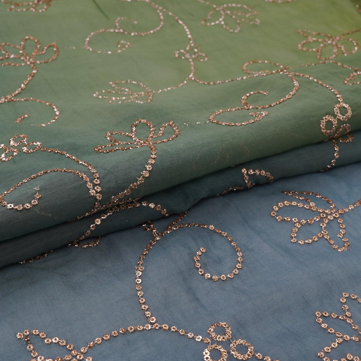 Blue with Green 4D Sequins embroidery Malai Chanderi Fabric VF-32236