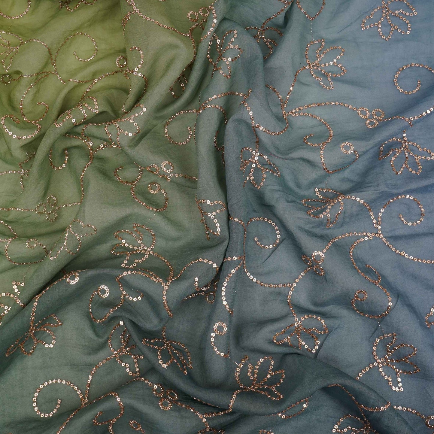 Blue with Green 4D Sequins embroidery Malai Chanderi Fabric VF-32236