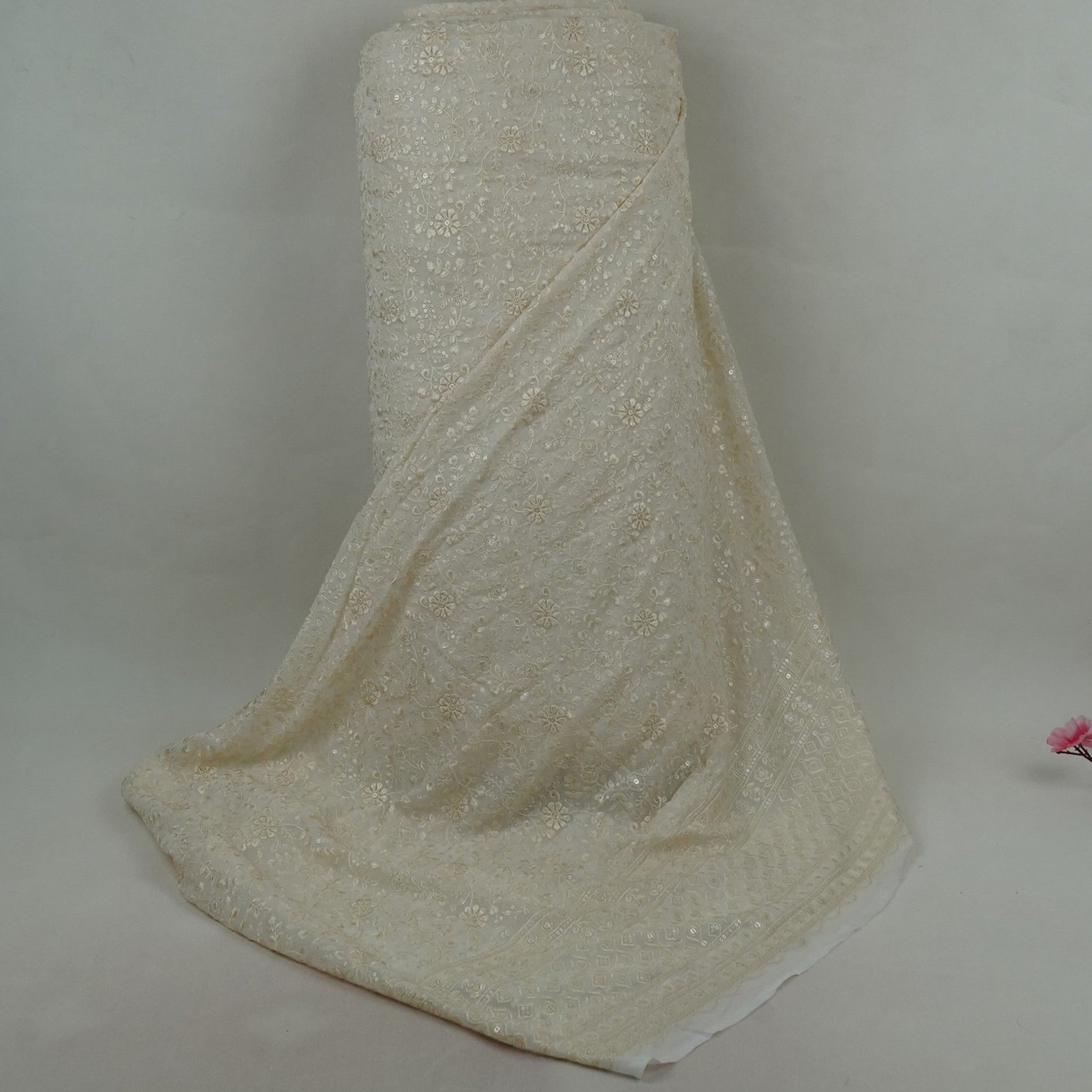 White Floral Jaal Thread Sequins Embroidery Dyeable Georgette Fabric TF-33519