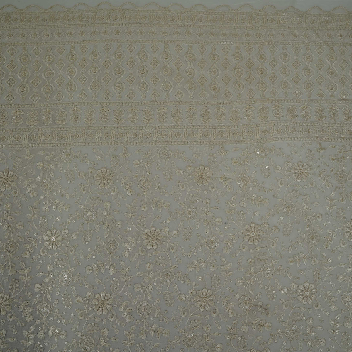 White Floral Jaal Thread Sequins Embroidery Dyeable Georgette Fabric TF-33519