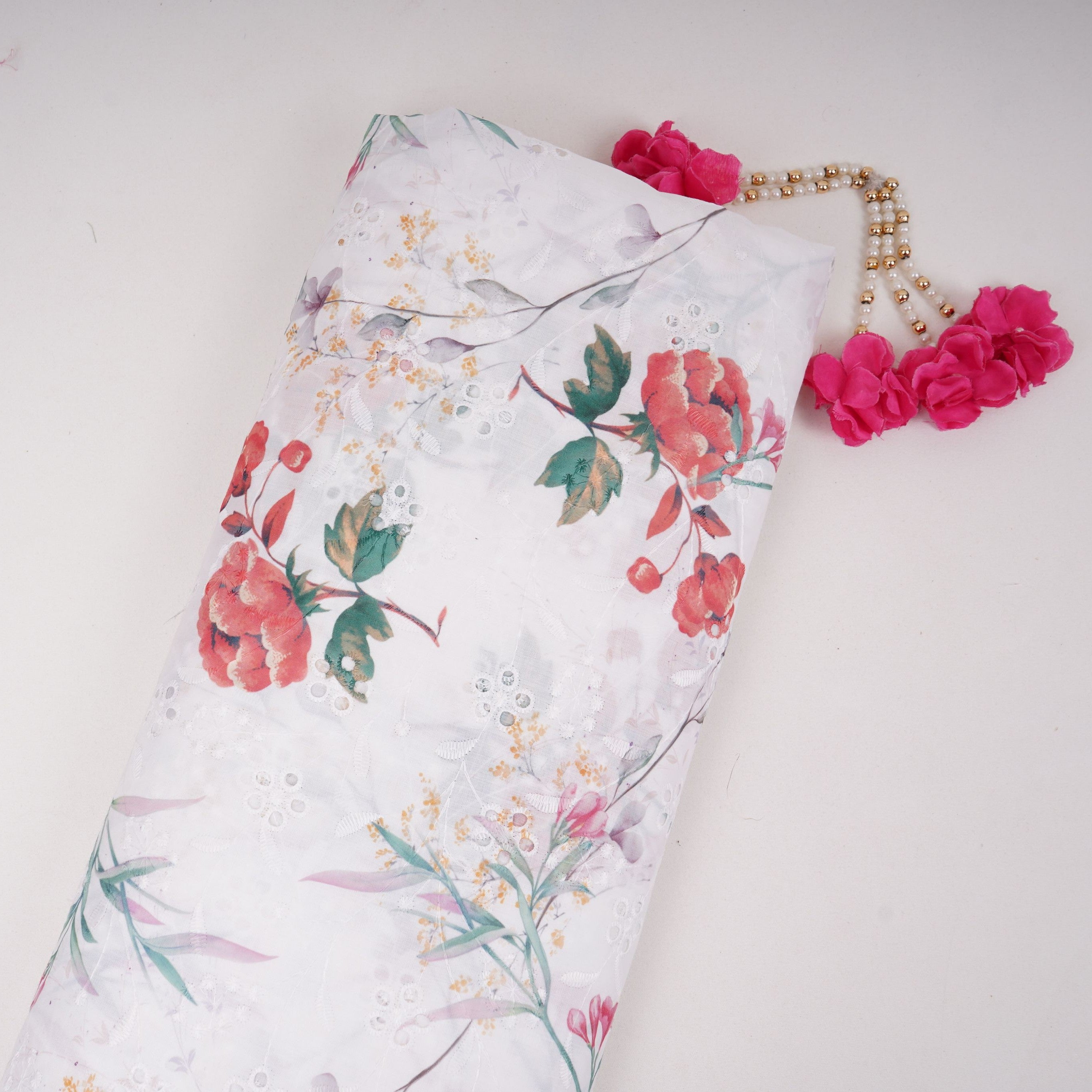 White With Red Floral Print Cotton Schiffli Fabric LI-32151 - TradeUNO