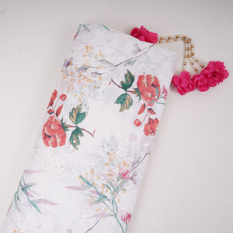 White With Red Floral Print Cotton Schiffli Fabric LI-32151
