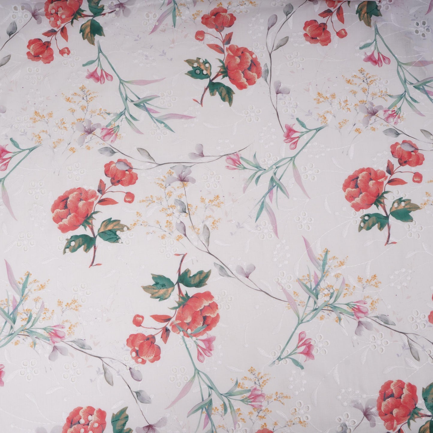 White With Red Floral Print Cotton Schiffli Fabric LI-32151