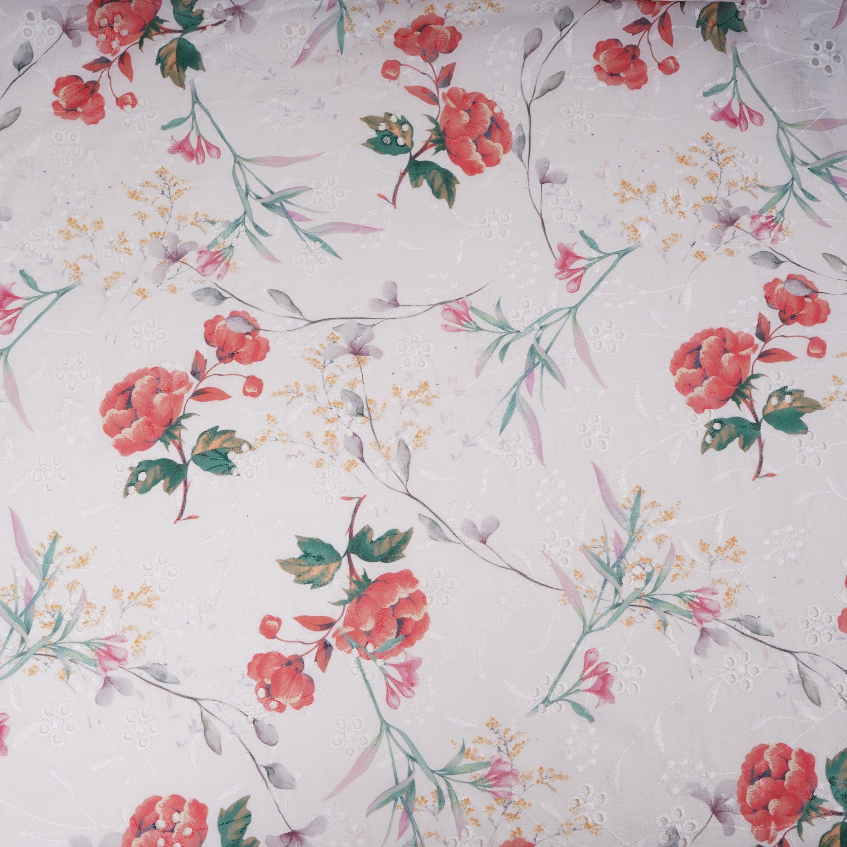 White With Red Floral Print Cotton Schiffli Fabric LI-32151 - TradeUNO