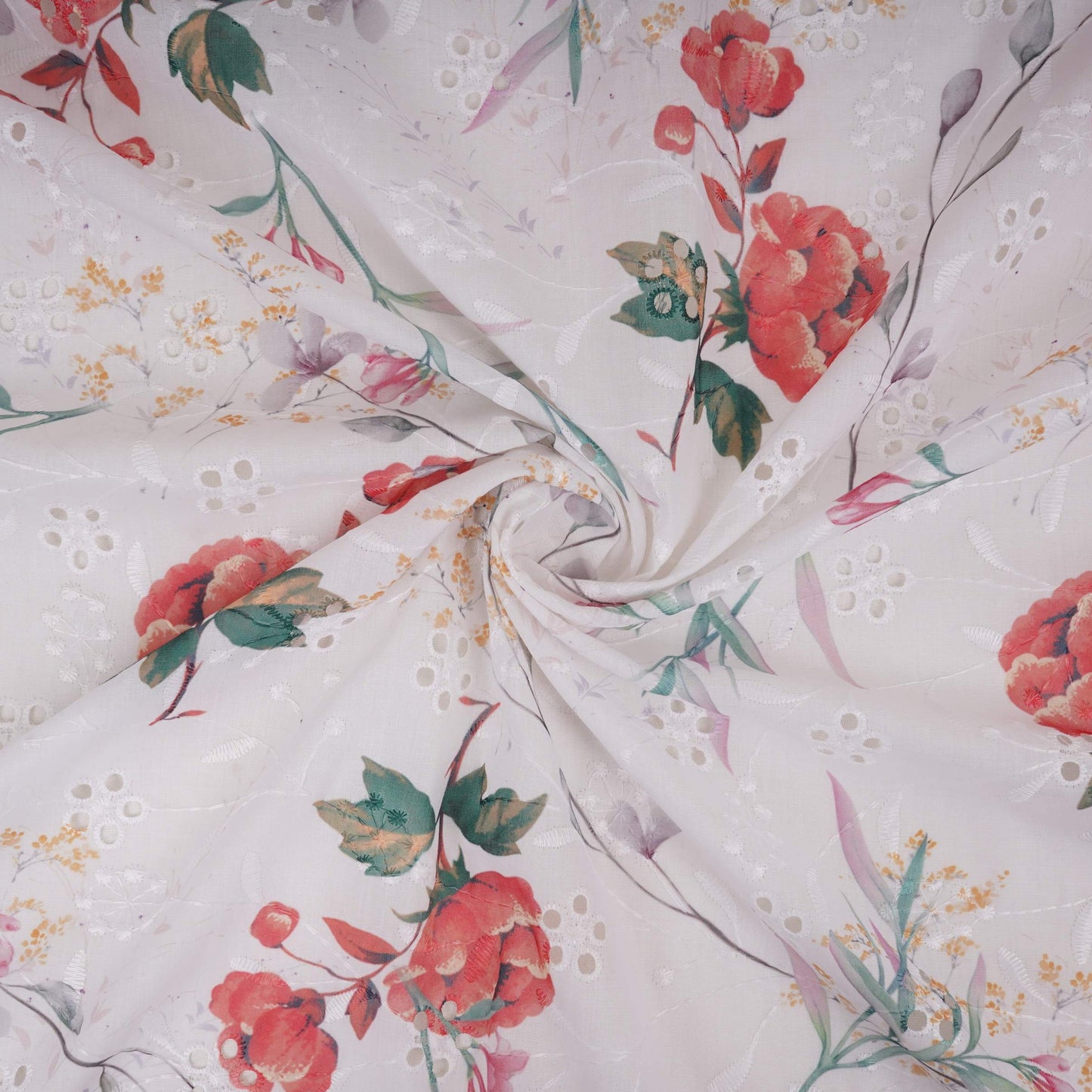 White With Red Floral Print Cotton Schiffli Fabric LI-32151