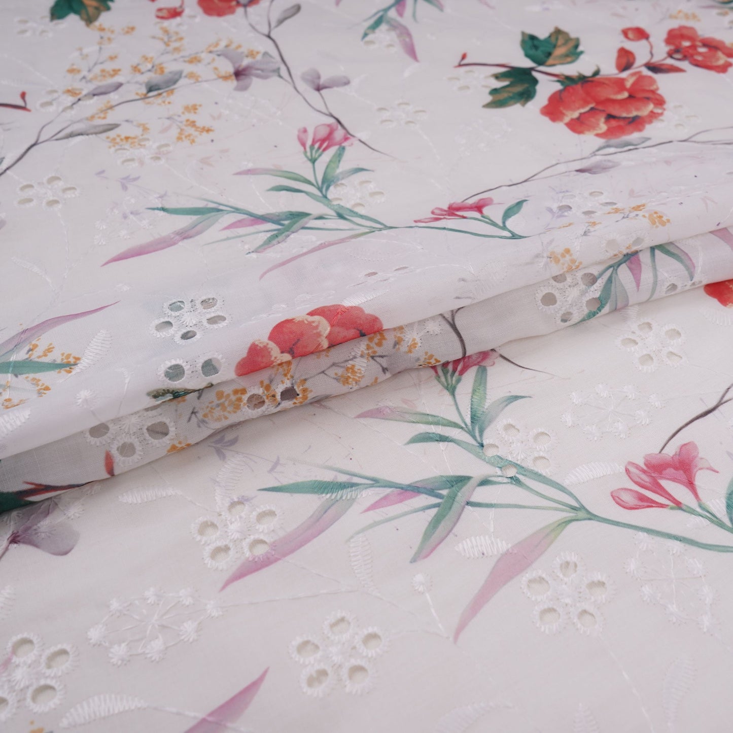 White With Red Floral Print Cotton Schiffli Fabric LI-32151