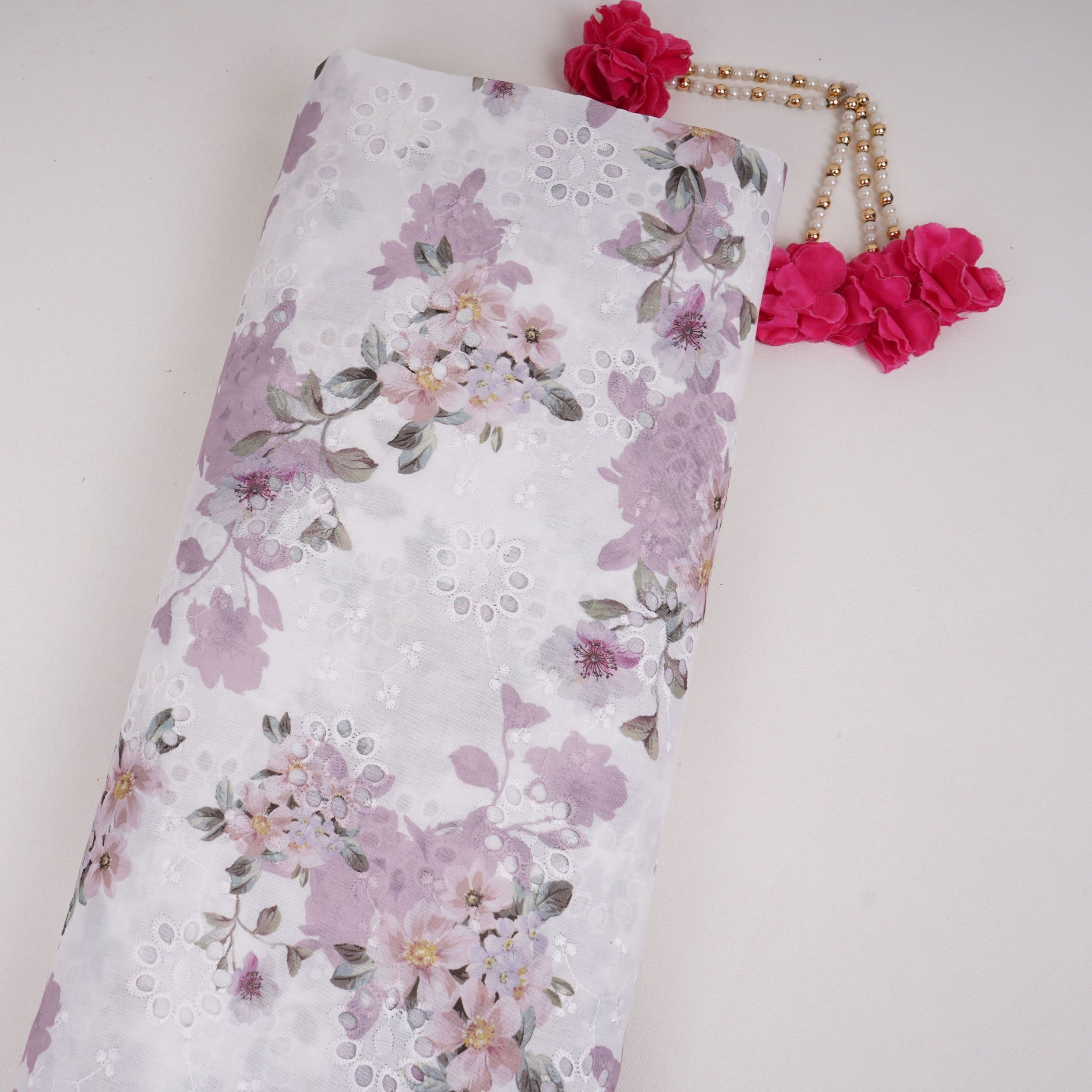 White With Lavender Floral Print Cotton Schiffli Fabric LI-32152 - TradeUNO