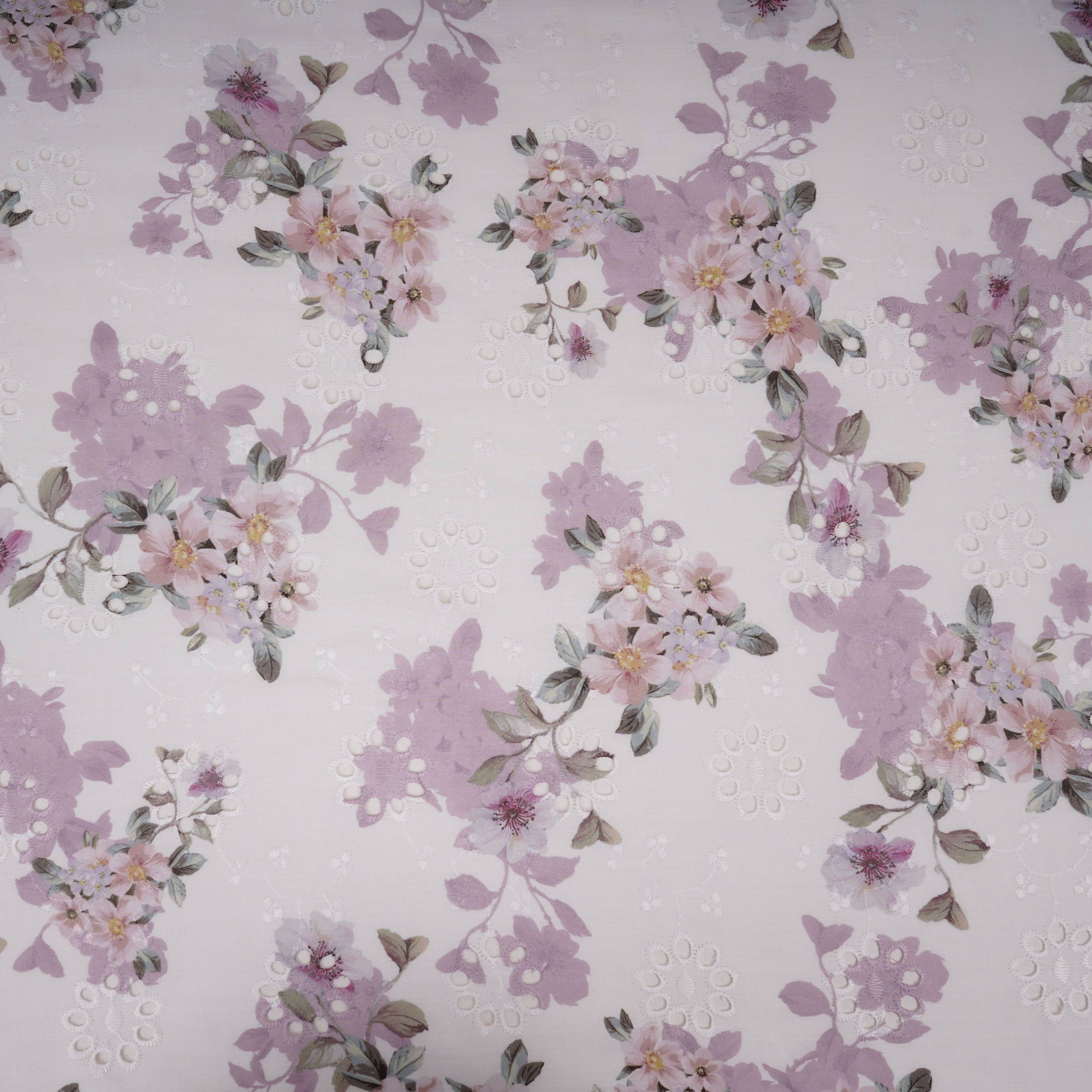 White With Lavender Floral Print Cotton Schiffli Fabric LI-32152 - TradeUNO