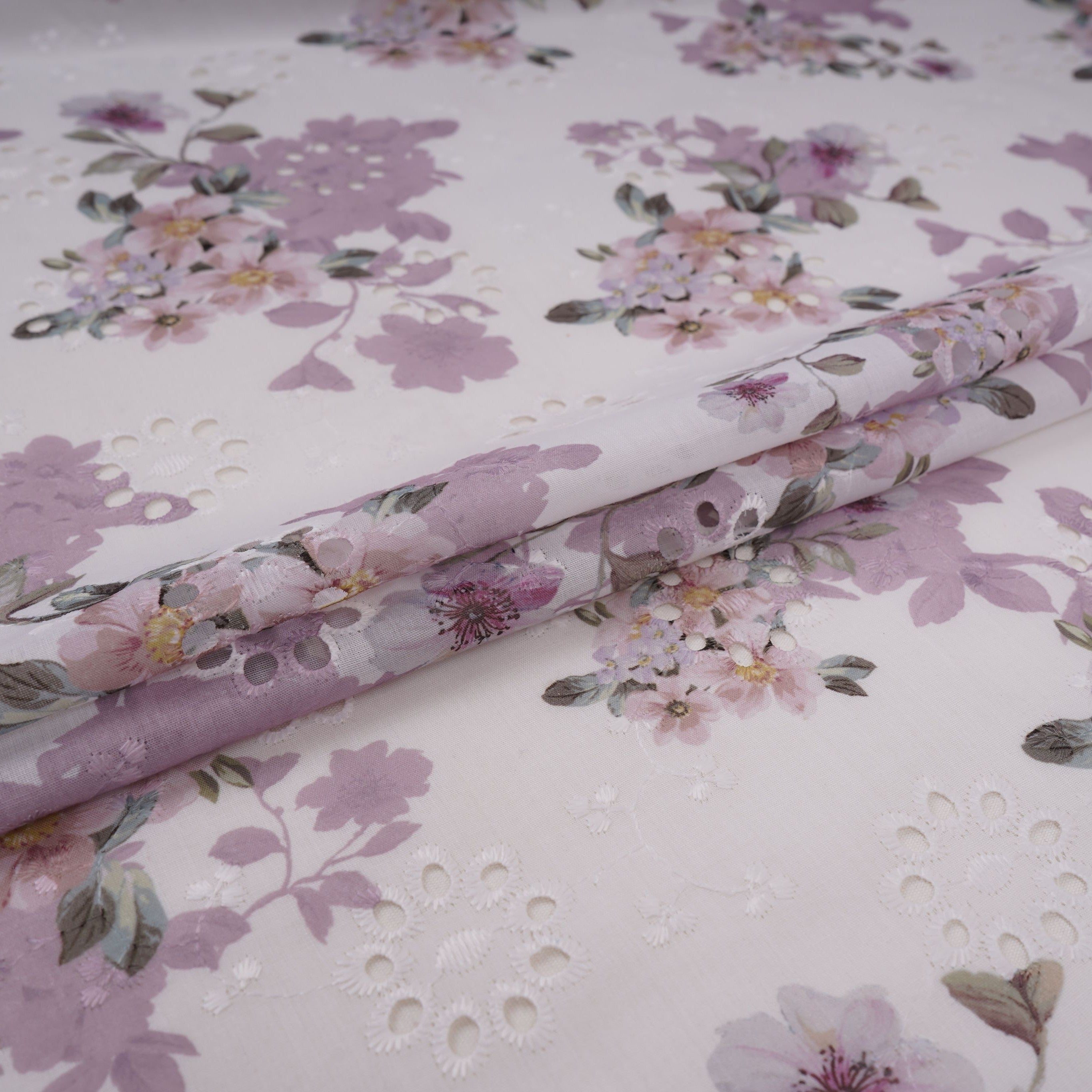 White With Lavender Floral Print Cotton Schiffli Fabric LI-32152 - TradeUNO