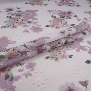 White With Lavender Floral Print Cotton Schiffli Fabric LI-32152 - TradeUNO
