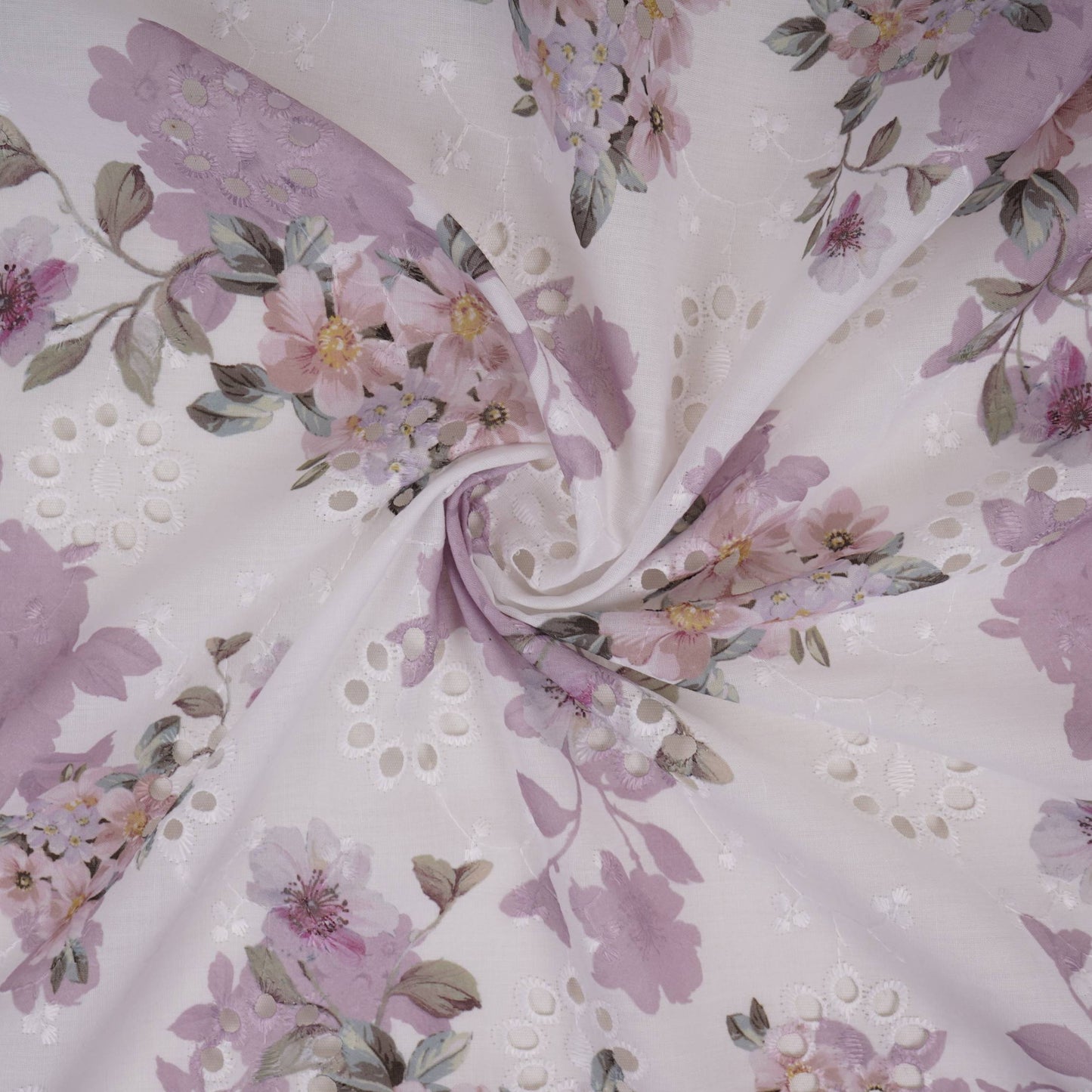 White With Lavender Floral Print Cotton Schiffli Fabric LI-32152