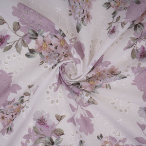 White With Lavender Floral Print Cotton Schiffli Fabric LI-32152 - TradeUNO