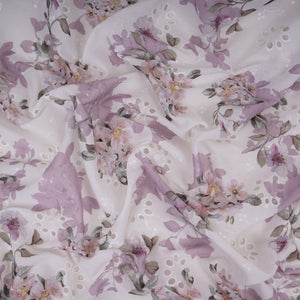 White With Lavender Floral Print Cotton Schiffli Fabric LI-32152 - TradeUNO