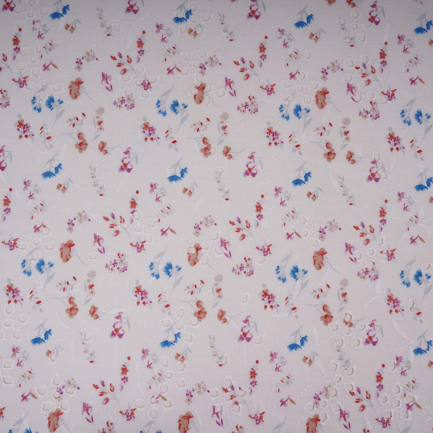 Pink With Blue Floral Print Cotton Schiffli Fabric LI-32155