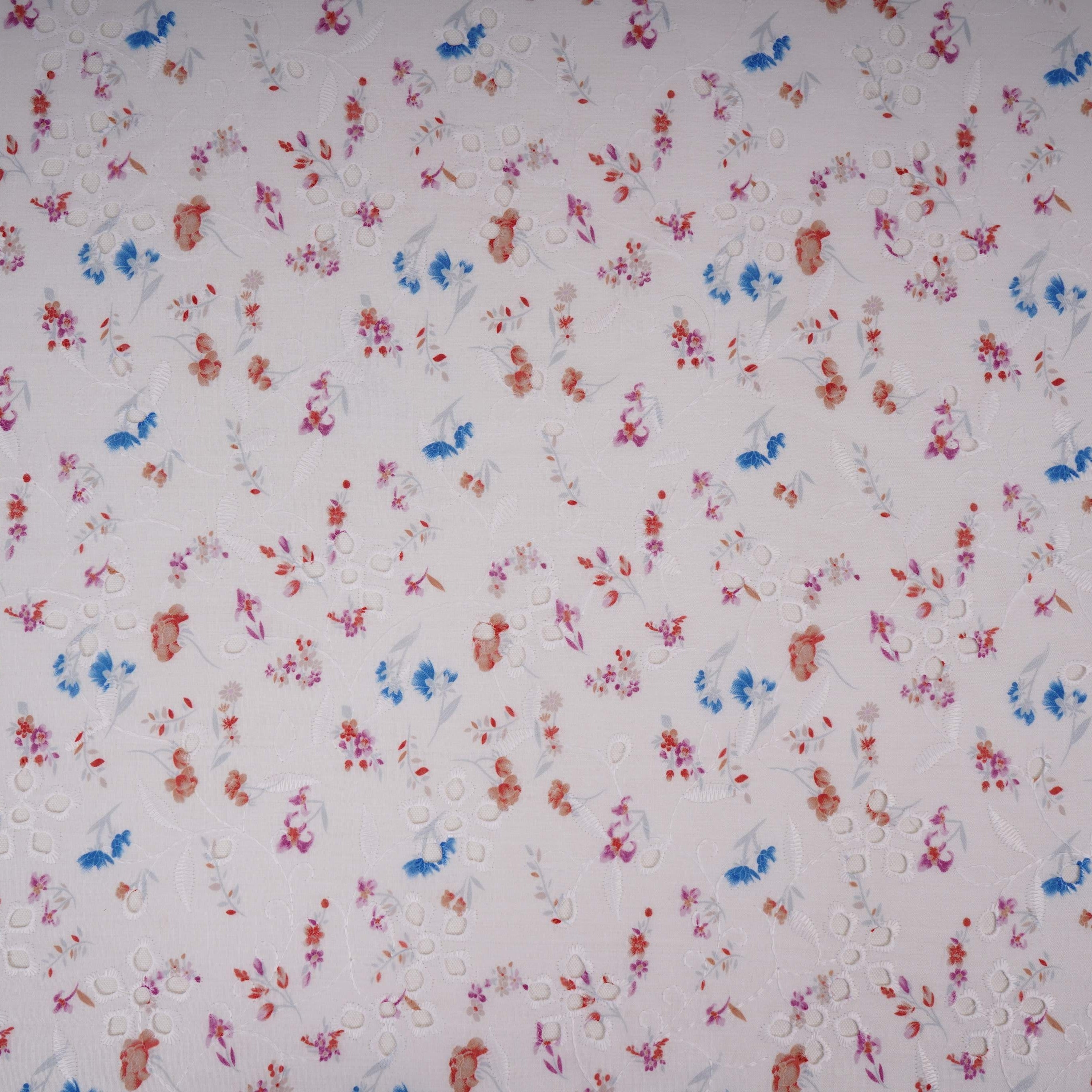 Pink With Blue Floral Print Cotton Schiffli Fabric LI-32155 - TradeUNO