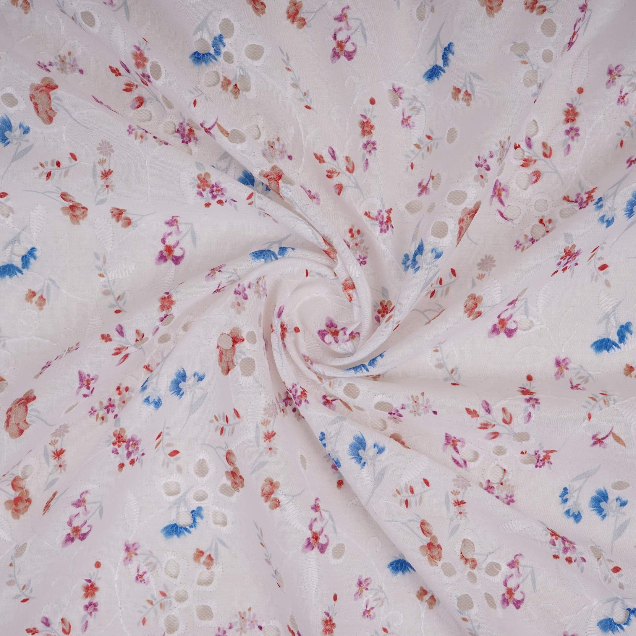 Pink With Blue Floral Print Cotton Schiffli Fabric LI-32155 - TradeUNO