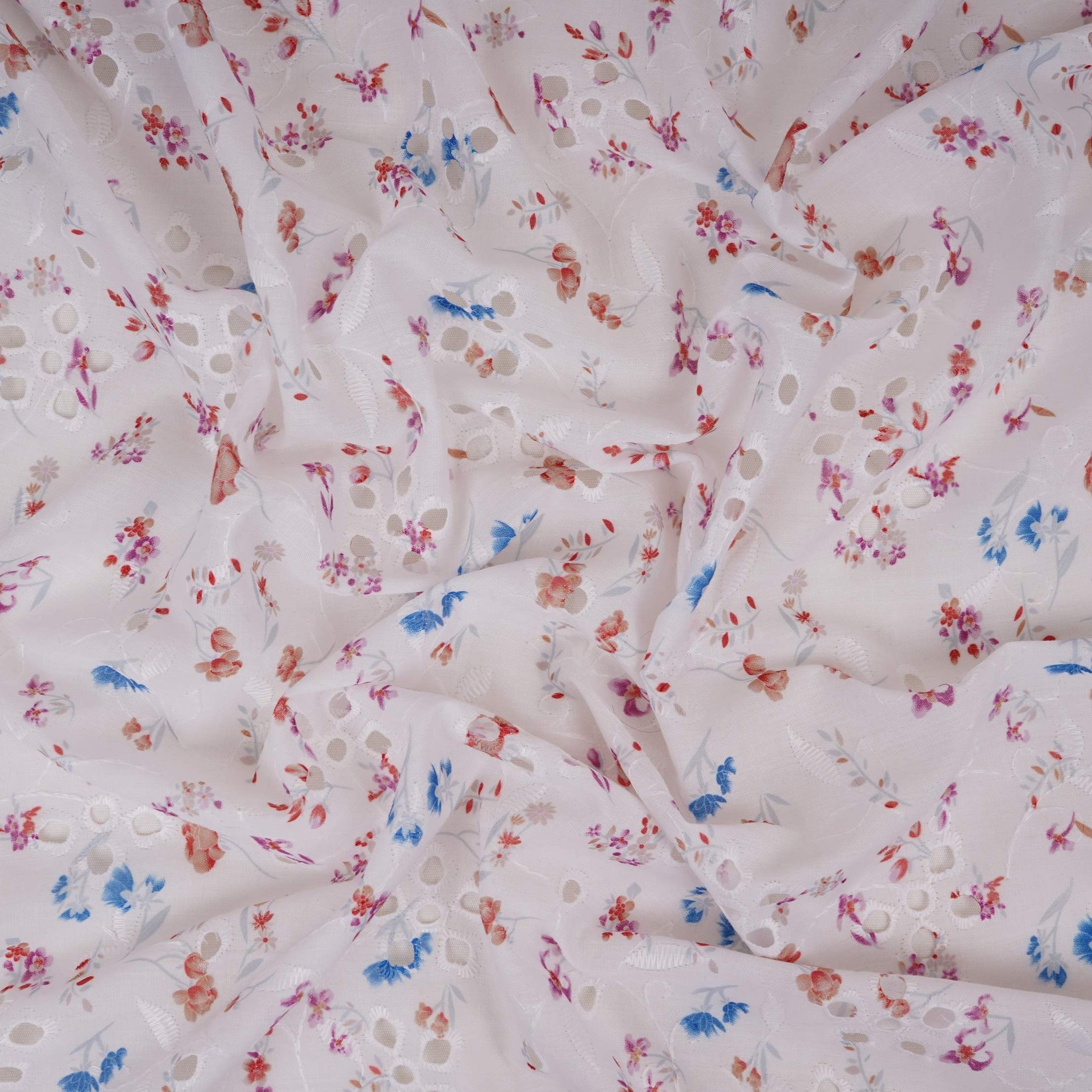 Pink With Blue Floral Print Cotton Schiffli Fabric LI-32155 - TradeUNO